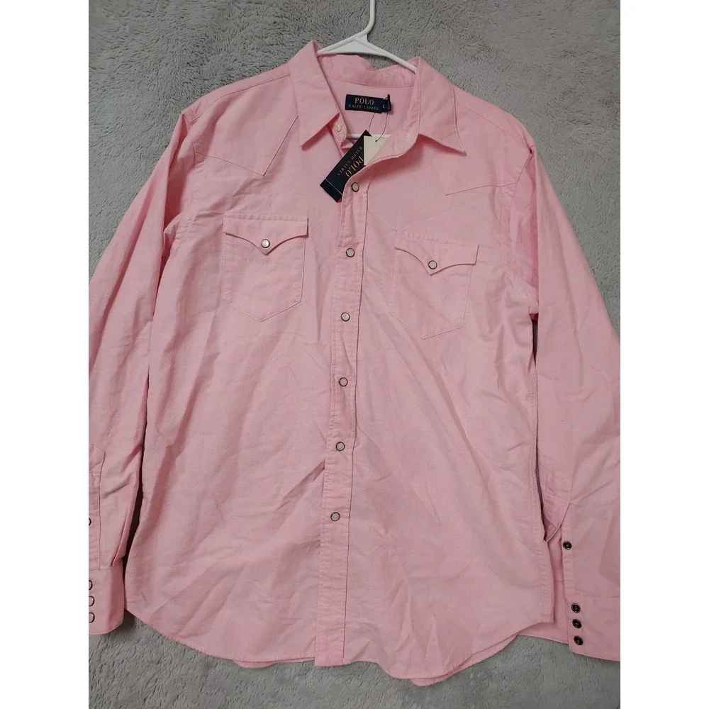 NEW Polo Ralph Lauren Shirt Men Large Western Pearl Snap Oxford Long Sleeve Pink